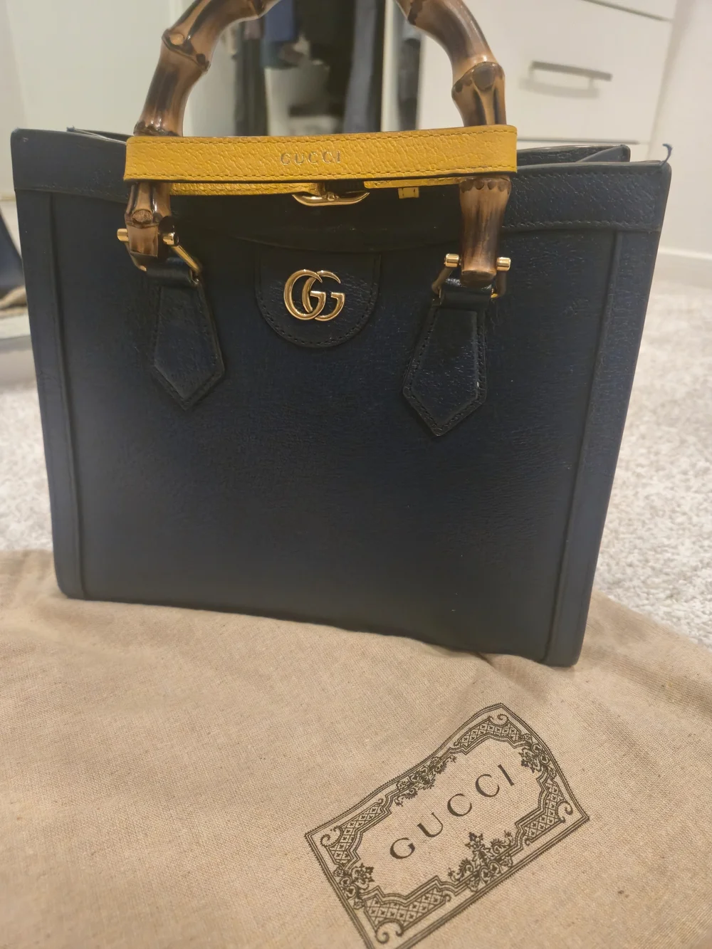 Gucci Navy Leather Bamboo Handle Tote with Yellow Accent